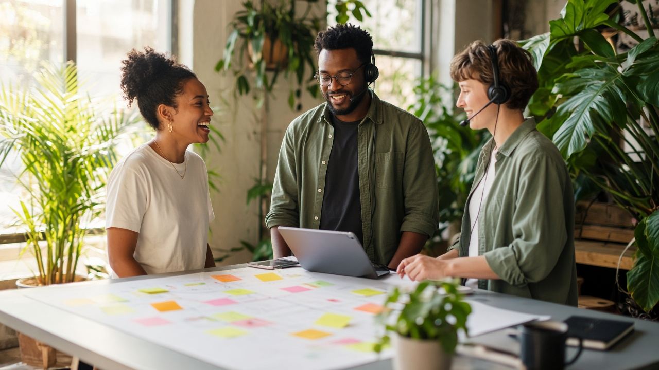 The Rumor Technology team plans a client setup around a table covered in sticky notes