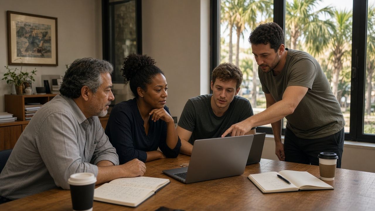 A consultant walks a small business team through their new AI assistants at an office table