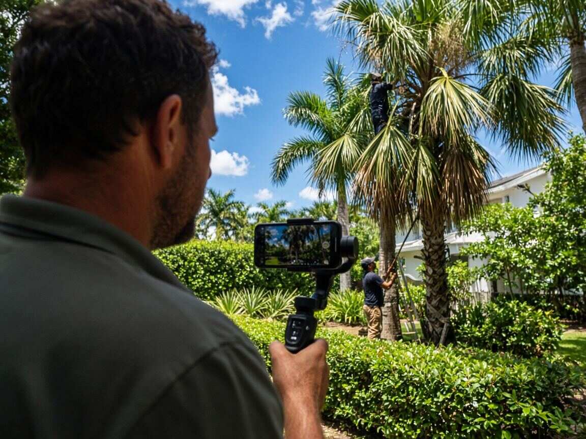 A landscaping owner films his crew trimming palm trees with a phone on a gimbal