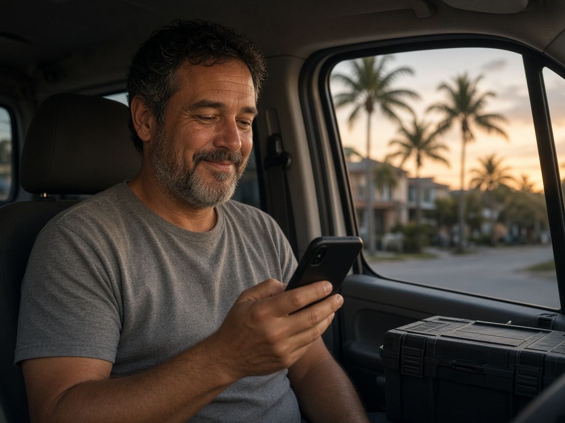 A plumber in his work van at dusk smiles at his phone