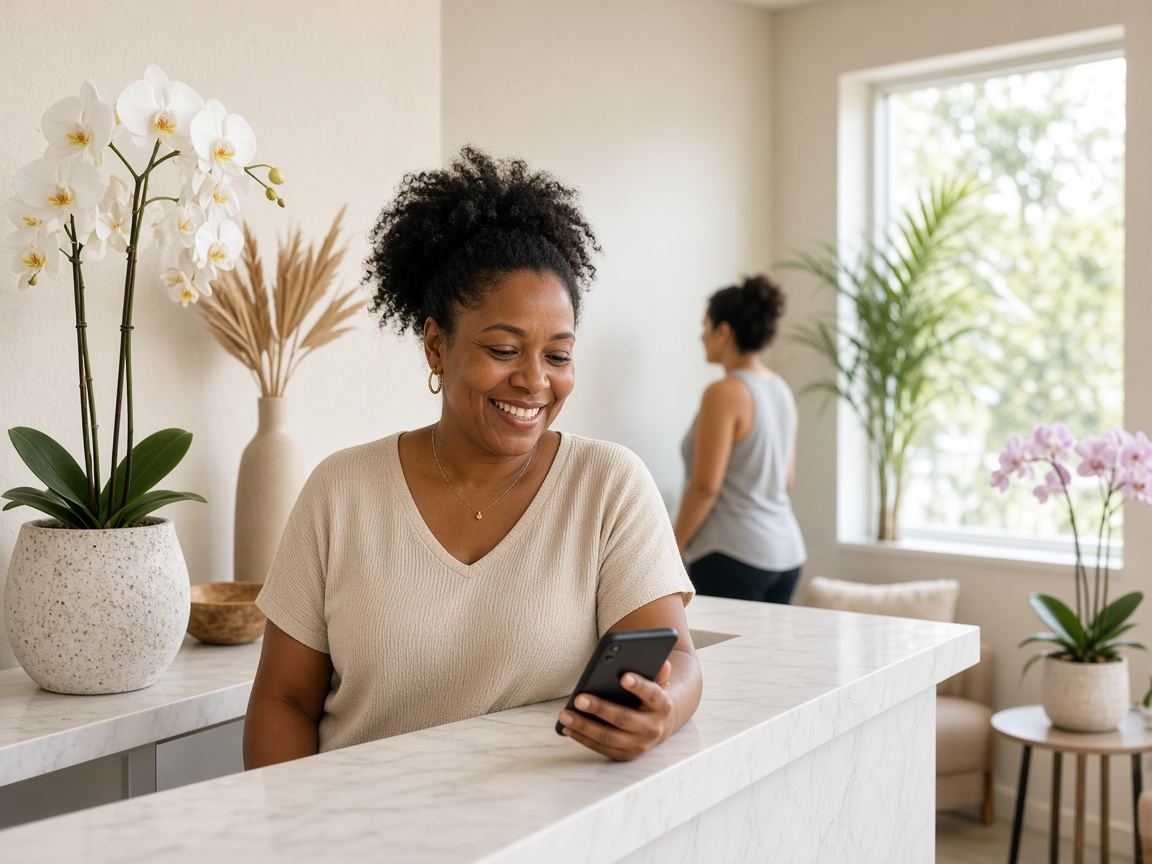 A med spa owner at her front counter smiles while reading her phone